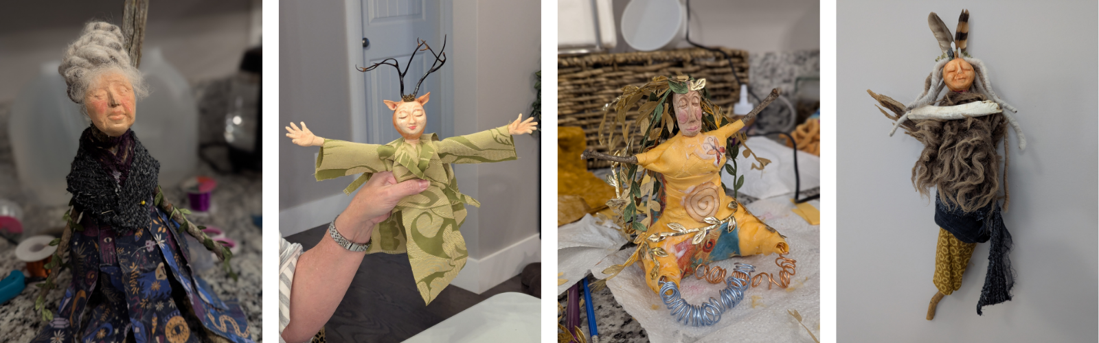 Four mixed media spirit dolls made with branches, yarn, and fabric, showing different expressive styles of intuitive doll making.