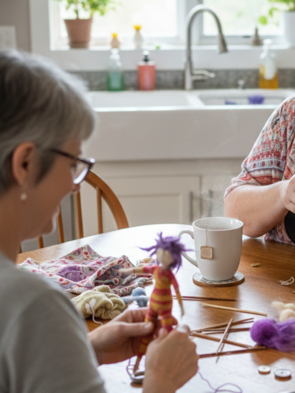 Woman seated at a table shaping a colorful spirit doll during a private creative retreat, with wool, fabric, and tools spread out in a cozy West Asheville kitchen studio.