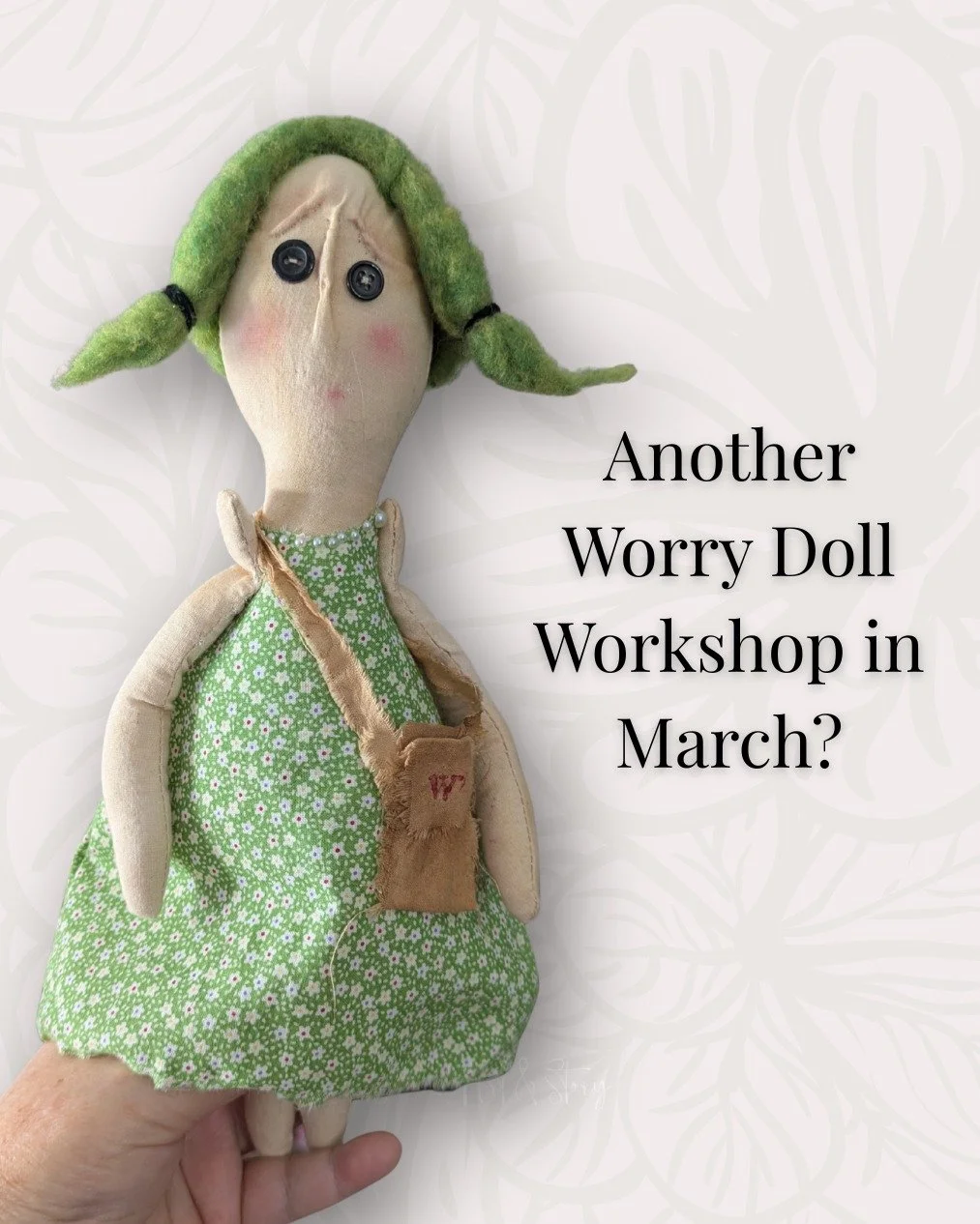 The February Worry Doll Workshop in Asheville is now full.

But I&rsquo;m considering adding another date in March.

If you&rsquo;d like to be first to know (or grab a spot if it happens), you can add your name to a short interest list. I&rsquo;ll de