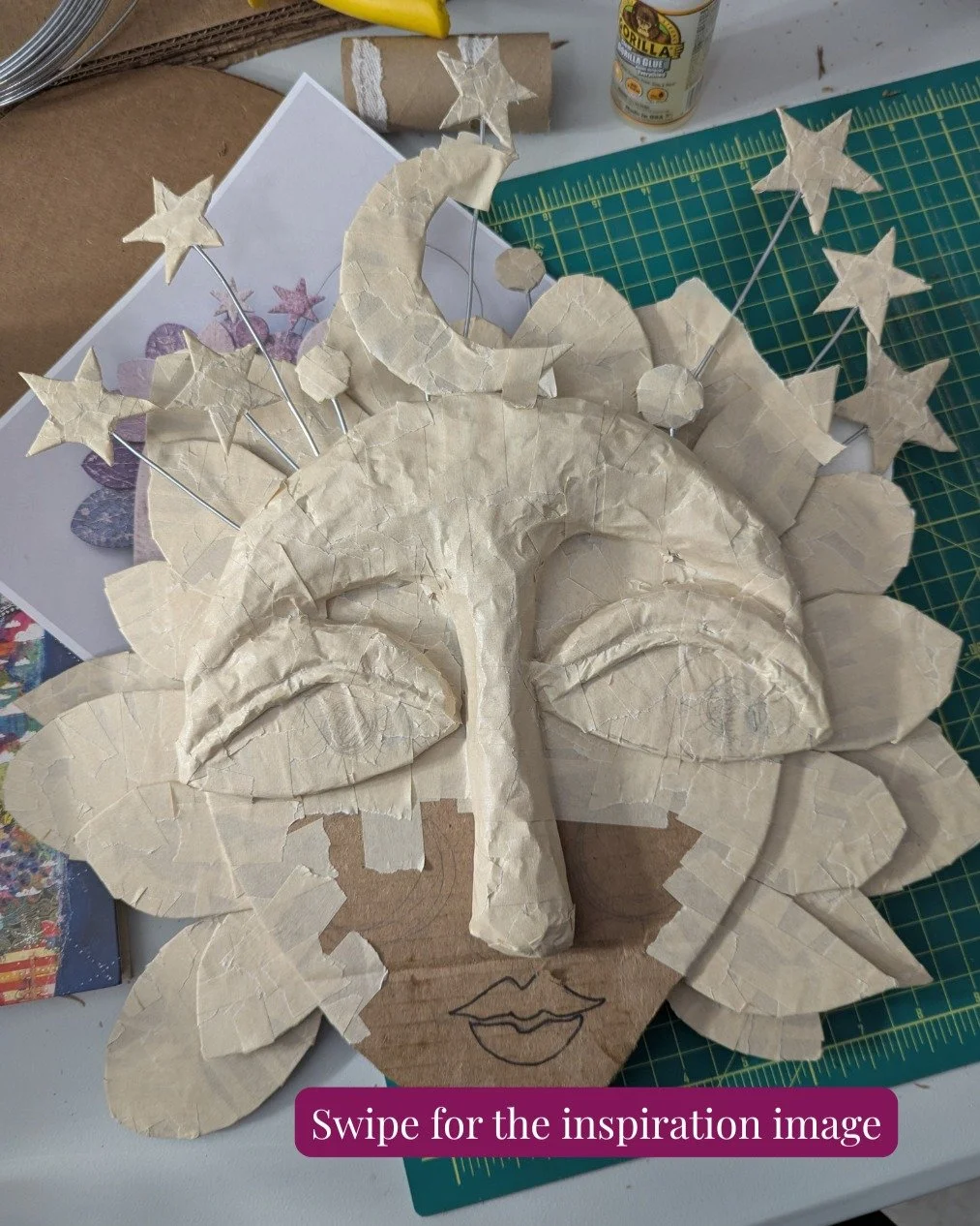 In the works but getting closer. This is inspired by a doll I made years ago. {Swipe and you'll see her}

Right now, everything is precariously held in place as I sort out what goes where. And... I am not really sure how I will papier-m&acirc;ch&eacu