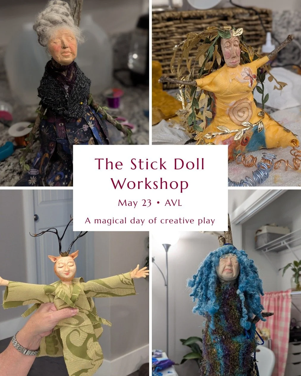 Hey Asheville&mdash;

There are still a few seats left in the Stick Doll Workshop on May 23.

Just look at these incredible dolls made by past participants. Every single one is completely different&mdash;and so fabulous. The best part? Nobody knew wh