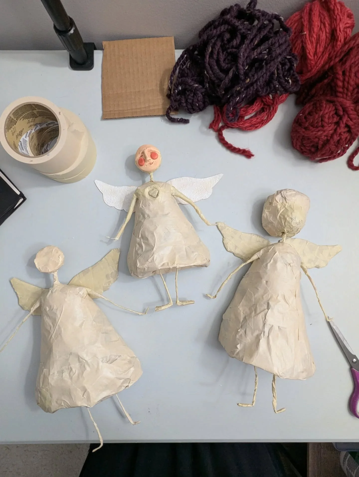 Today's project: make a third angel as I worked out the full instructions. Ooh, this is gonna be a fun class. (Happening later this summer!)

Next up they get some papier-m&acirc;ch&eacute;. But that will need to wait till Monday, as tomorrow the lad