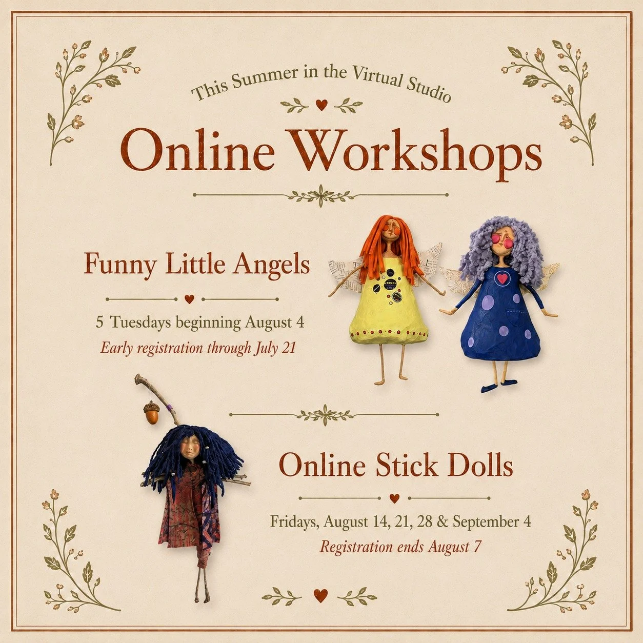 Two live online workshops are coming to the virtual studio this summer, and registration is open for both. 

First, Funny Little Angels: five Tuesdays beginning August 4, where we'll build papier-m&acirc;ch&eacute; angels with crooked wings, wild hai