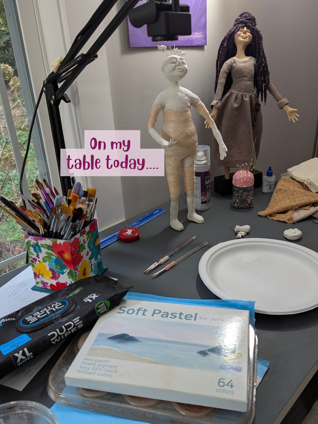 It's week four of the Euinox Spirit Doll workshop, and we're moving on to getting our little spirit gals painted and dressed. 

Well, maybe dressed, because even spirit dolls never really know what to wear. ;)

But this is what my studio looks like t