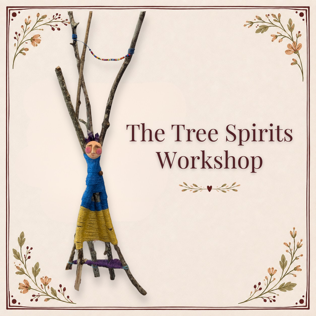 Tall handmade tree spirit figure created from branches and wrapped fibers.