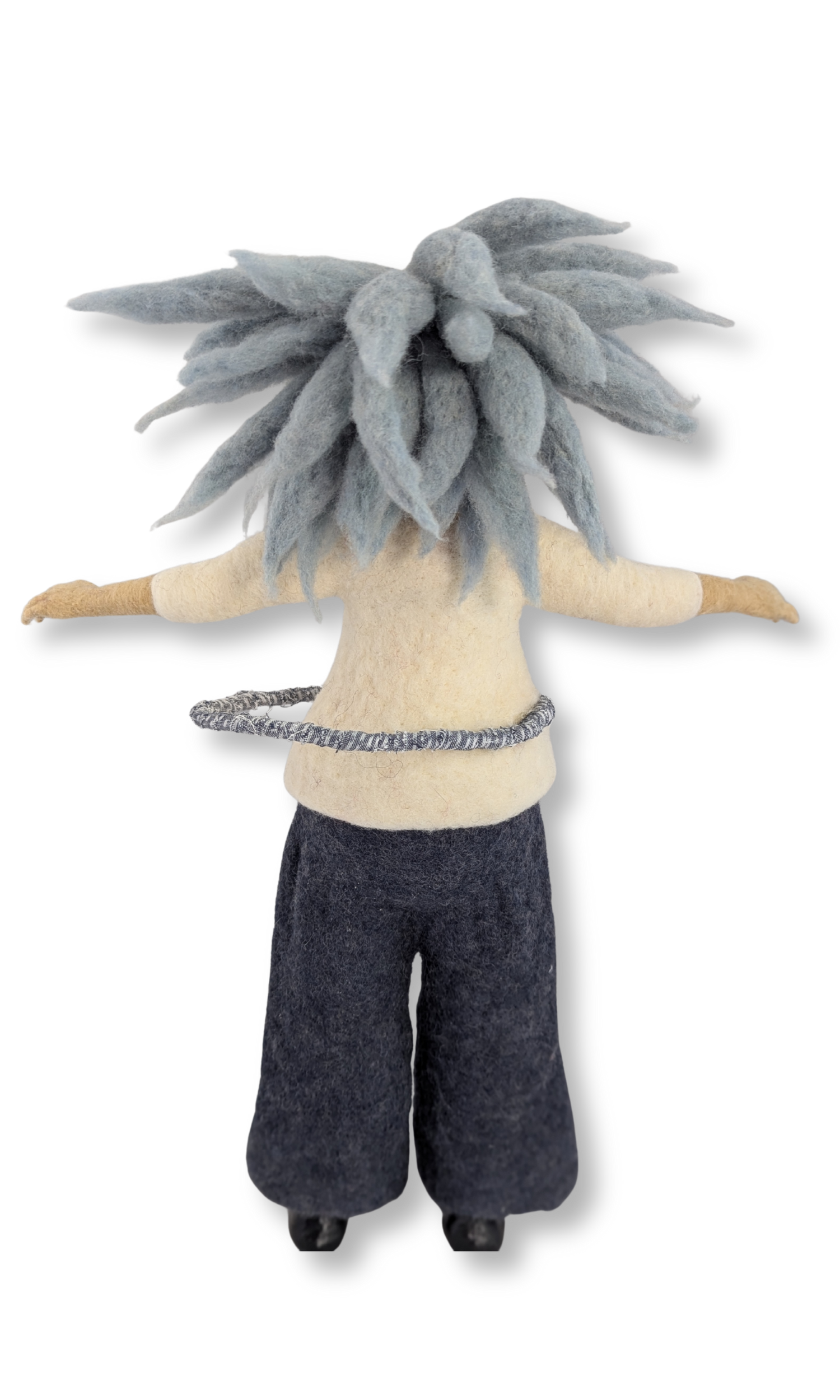 Back view of guardian doll with blue felted hair and handmade hula hoop belt.