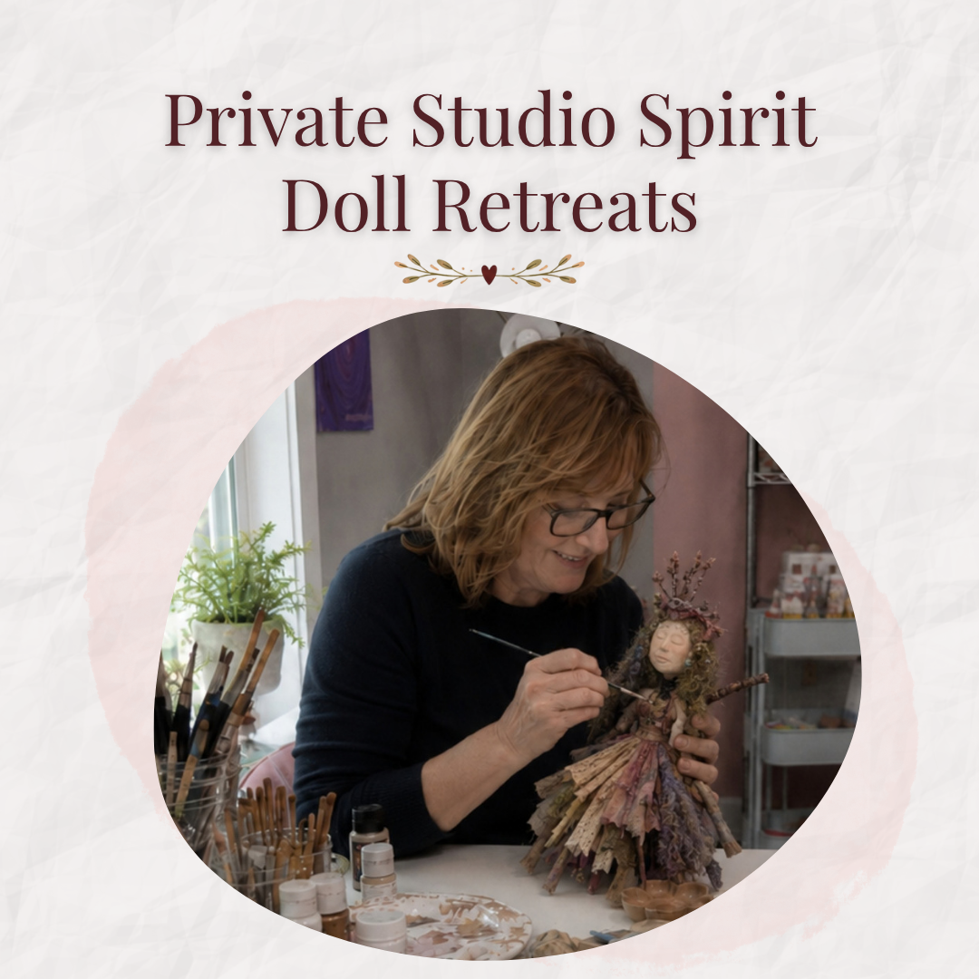 A woman painting a handmade spirit doll at her studio worktable beneath the words “Private Studio Spirit Doll Retreats.”