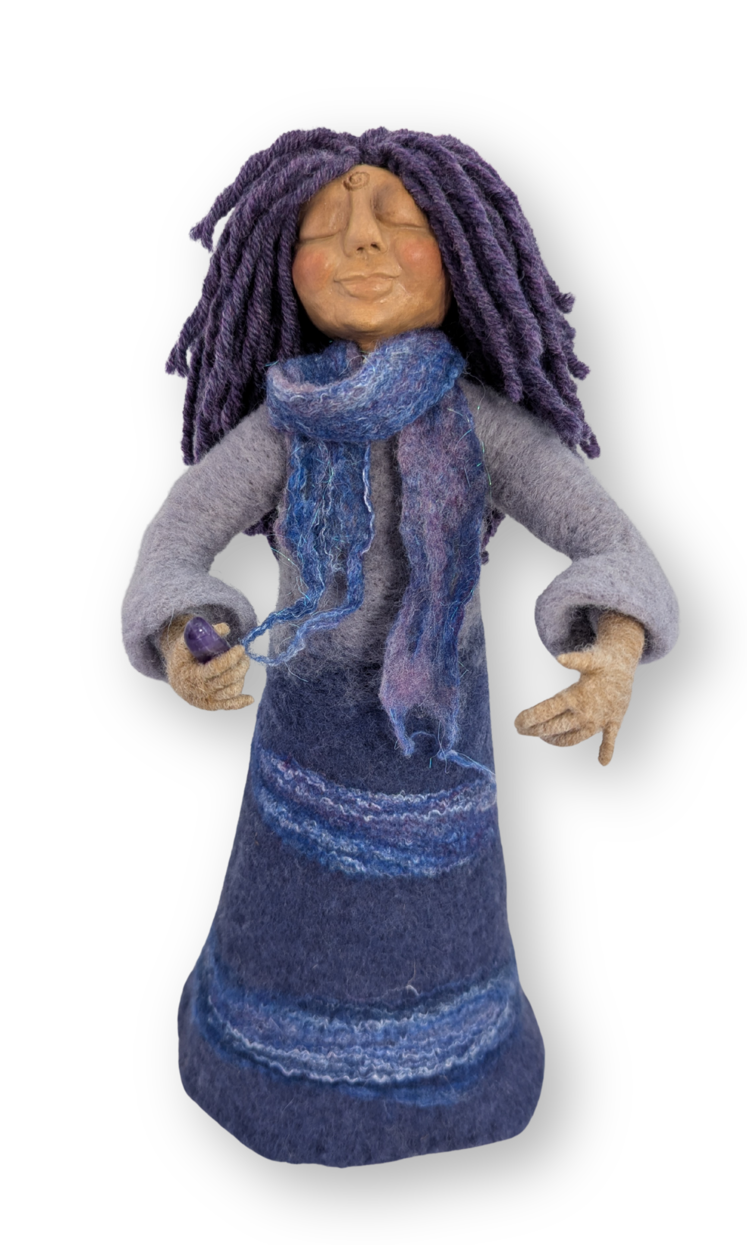 The Priestess guardian doll — handmade wool, wet-felted, and clay art doll holding an amethyst crystal, created by Stacy Vajta | Sacred Art & Story