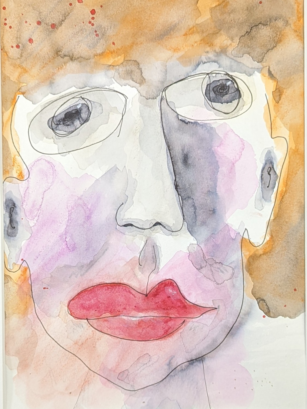 Loose watercolor painting of an expressive face created through intuitive art and spontaneous drawing.