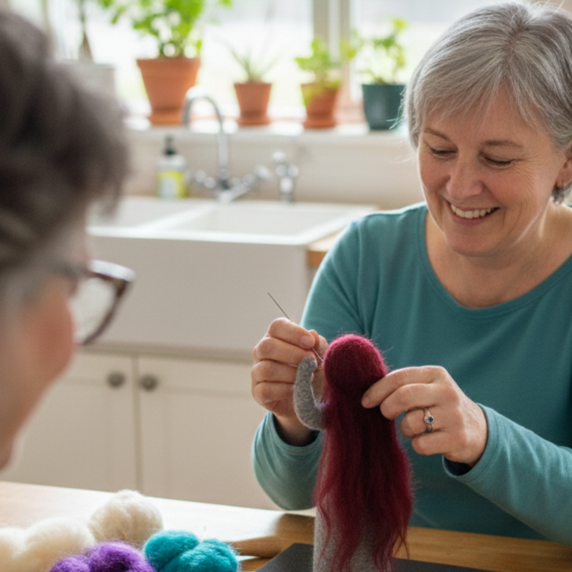 Two women sitting at a kitchen table in Asheville, creating spirit dolls together while Stacy guides the process. Wool, yarn, and tea mugs are spread across the table.