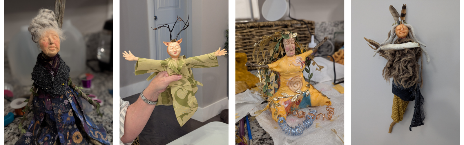 Four mixed media spirit dolls made with branches, yarn, and fabric, showing different expressive styles of intuitive doll making.