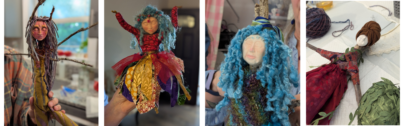 Four mixed media spirit dolls made with branches, yarn, and fabric, showing different expressive styles of intuitive doll making.
