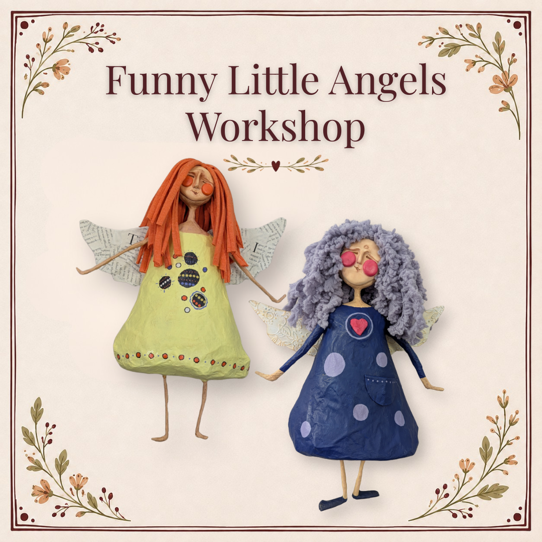 Two handmade Funny Little Angels with colorful dresses, yarn hair, paper wings, and quirky faces, beneath the words “Funny Little Angels Workshop.”