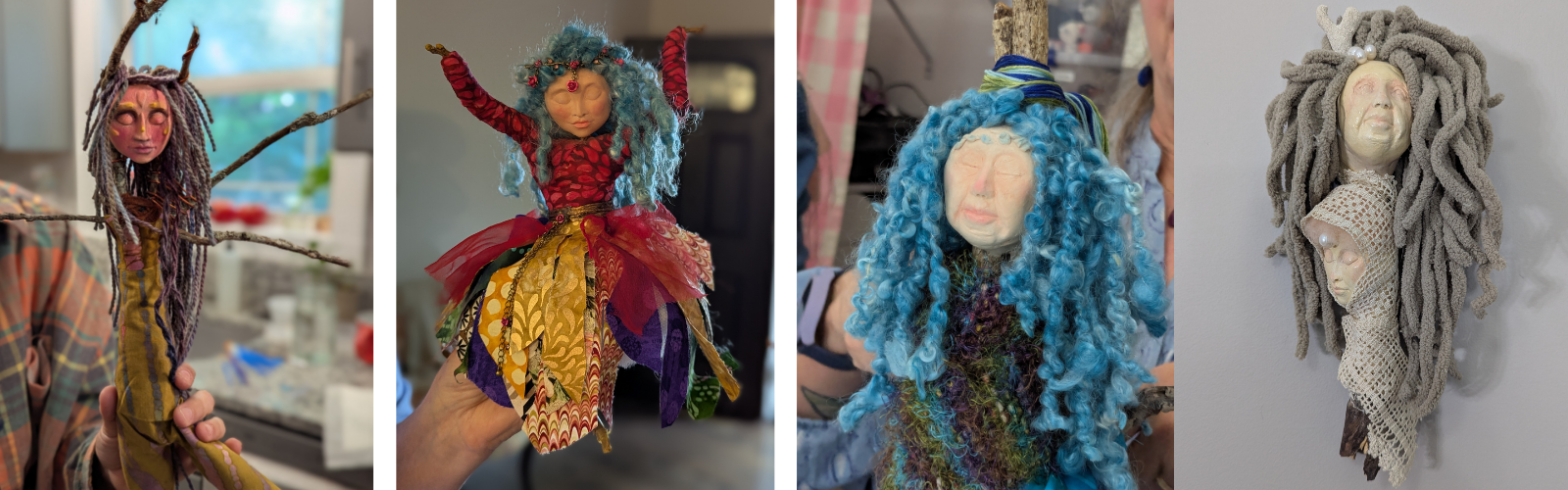 Four mixed media spirit dolls made with branches, yarn, and fabric, showing different expressive styles of intuitive doll making.