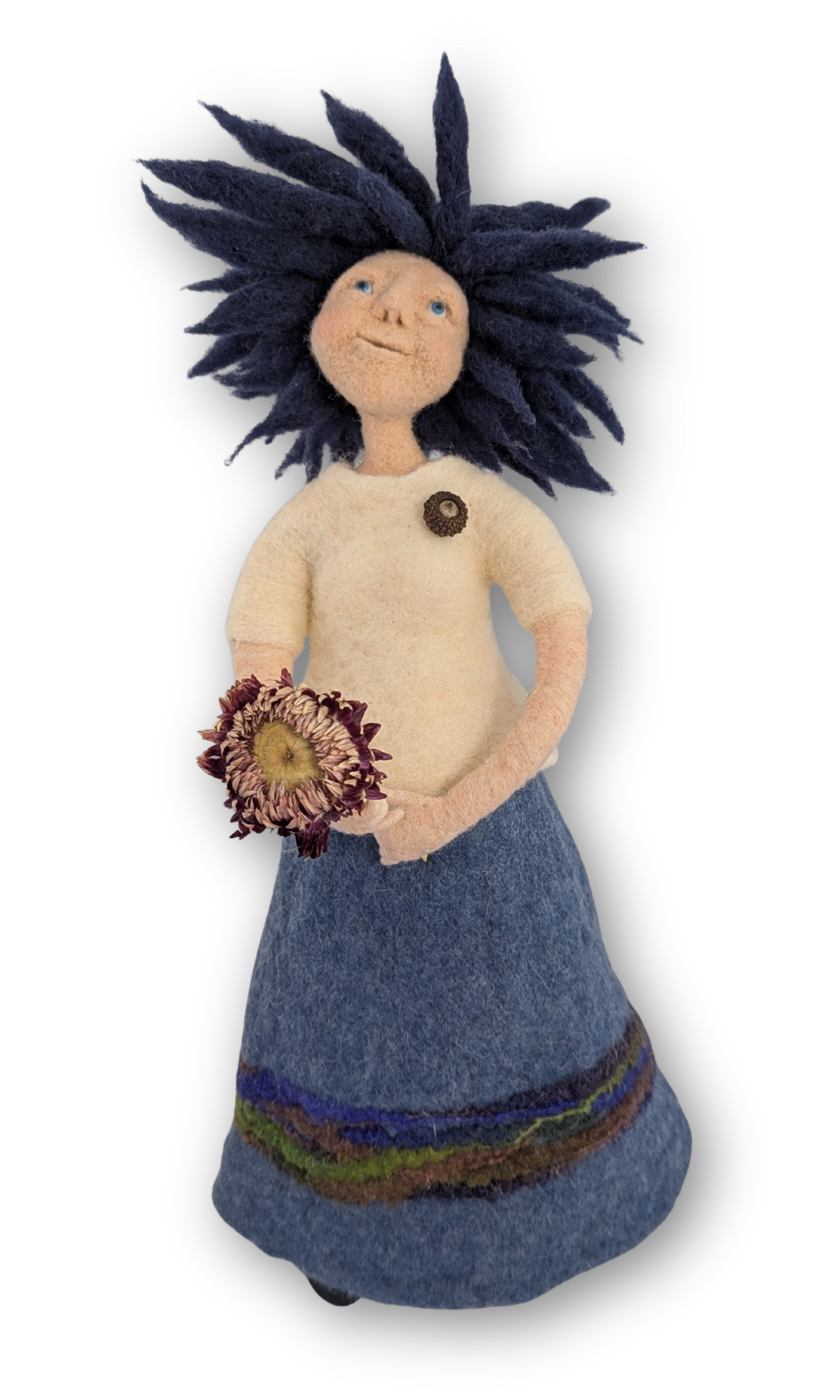 The Dreamer guardian doll — handmade needle-felted wool and clay art doll with blue hair, carrying an acorn and flower, embodying wistful possibilities by Stacy Vajta | Sacred Art & Story