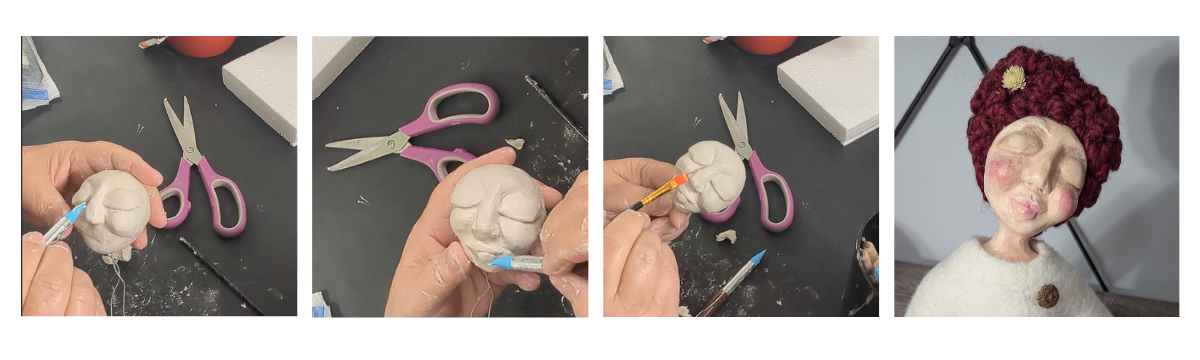 Four-step process showing a handmade clay face being sculpted and smoothed, followed by the finished spirit doll.