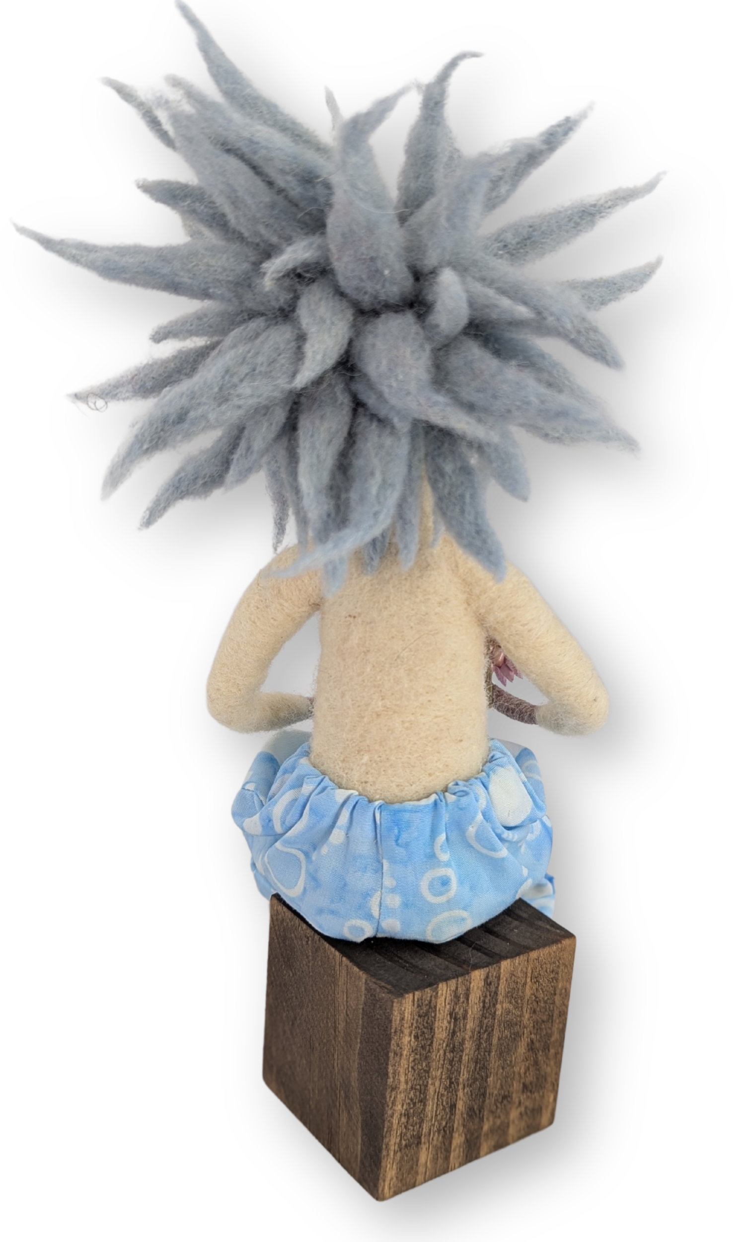 Back view of Surfer Dude Guardian Doll, showing the texture of his blue wool hair and fabric trousers.