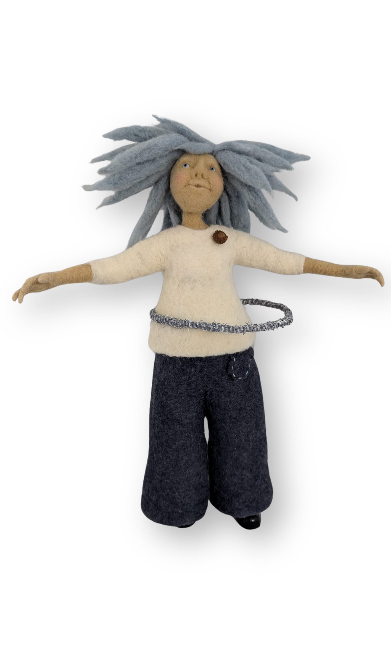 Handmade needle felted guardian doll with blue hair and hula hoop, front view — Sacred Art & Story.