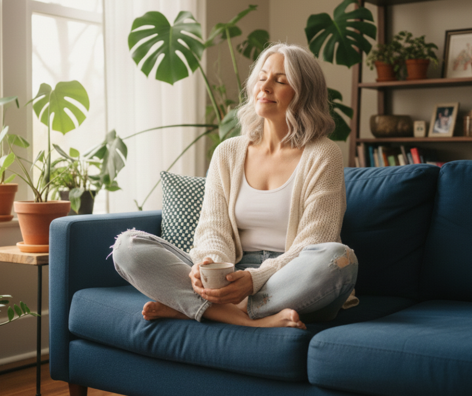 A serene, silver-haired woman sits cross-legged on a deep blue couch, eyes closed and holding a warm cup, surrounded by lush green houseplants and soft natural light. She appears calm, reflective, and intuitively connected in a peaceful home setting.