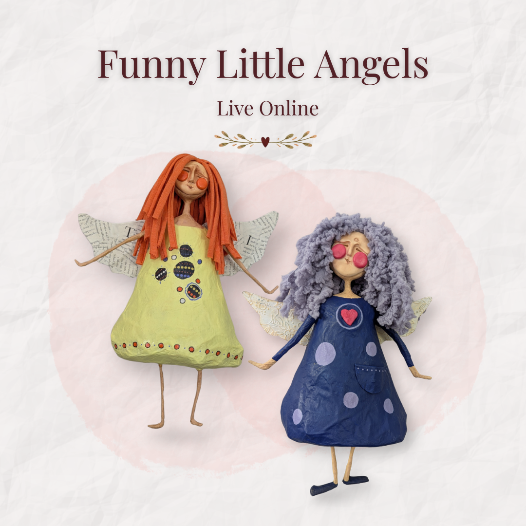 Two handmade papier-mâché angels with colorful dresses, yarn hair, paper wings, and quirky faces beneath the words “Funny Little Angels, Live Online.”