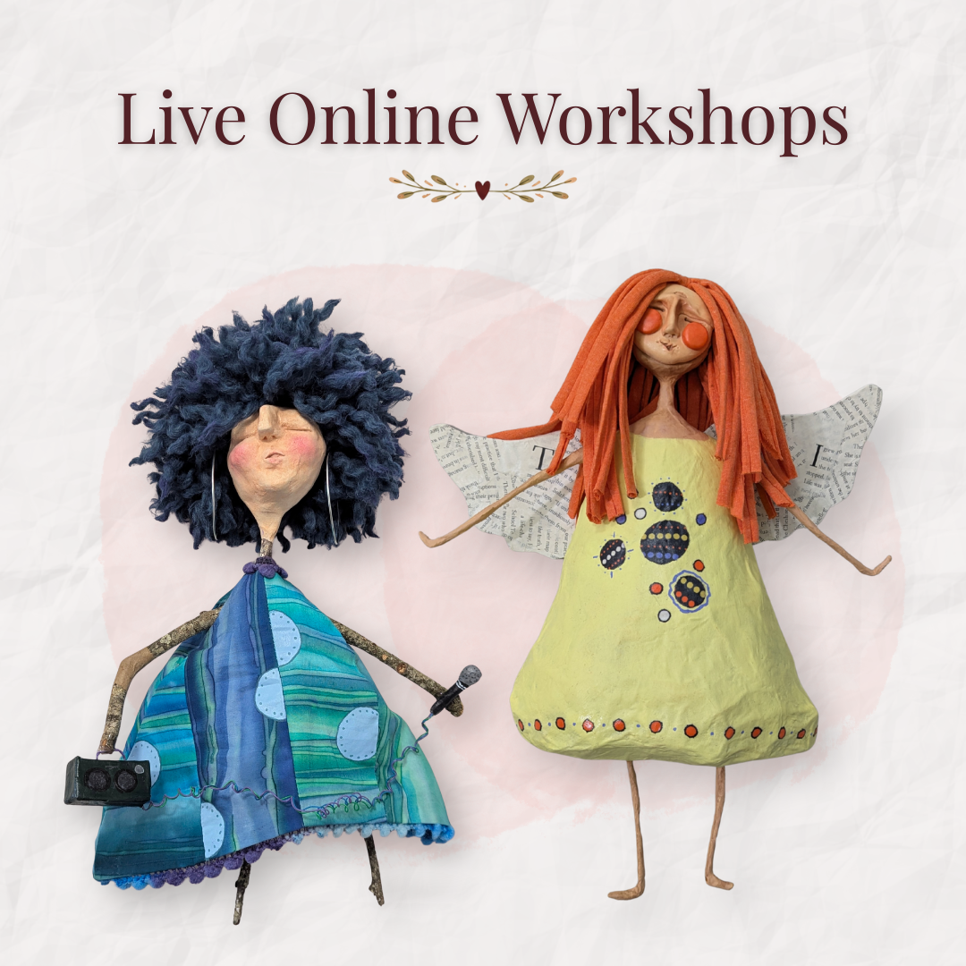 Handmade stick doll and colorful papier-mâché angel together beneath the words “Live Online Workshops.”