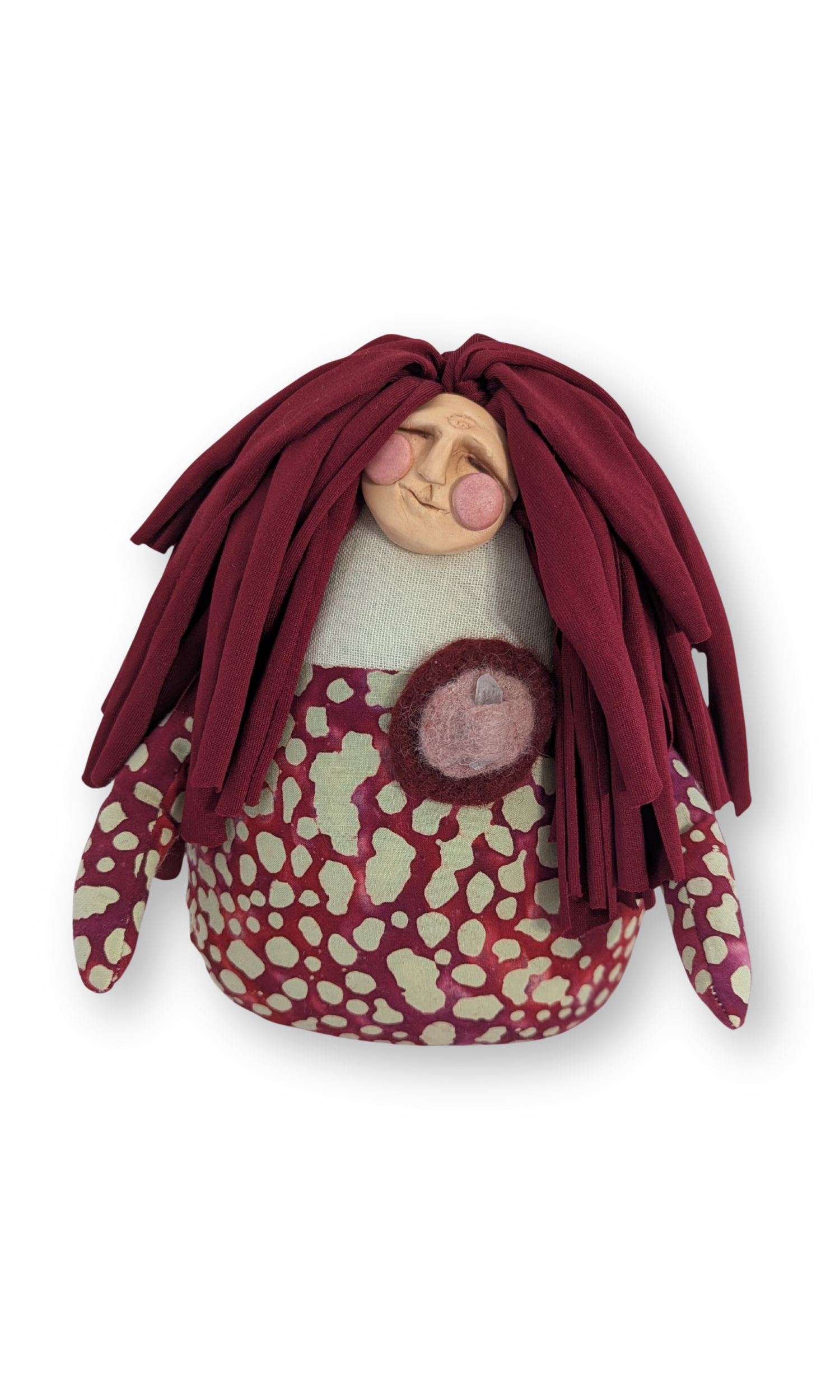 Peaceful Warrior Poppet guardian doll — handmade fabric and clay art doll with felted crystal heart, symbolizing quiet strength by Stacy Vajta | Sacred Art & Story