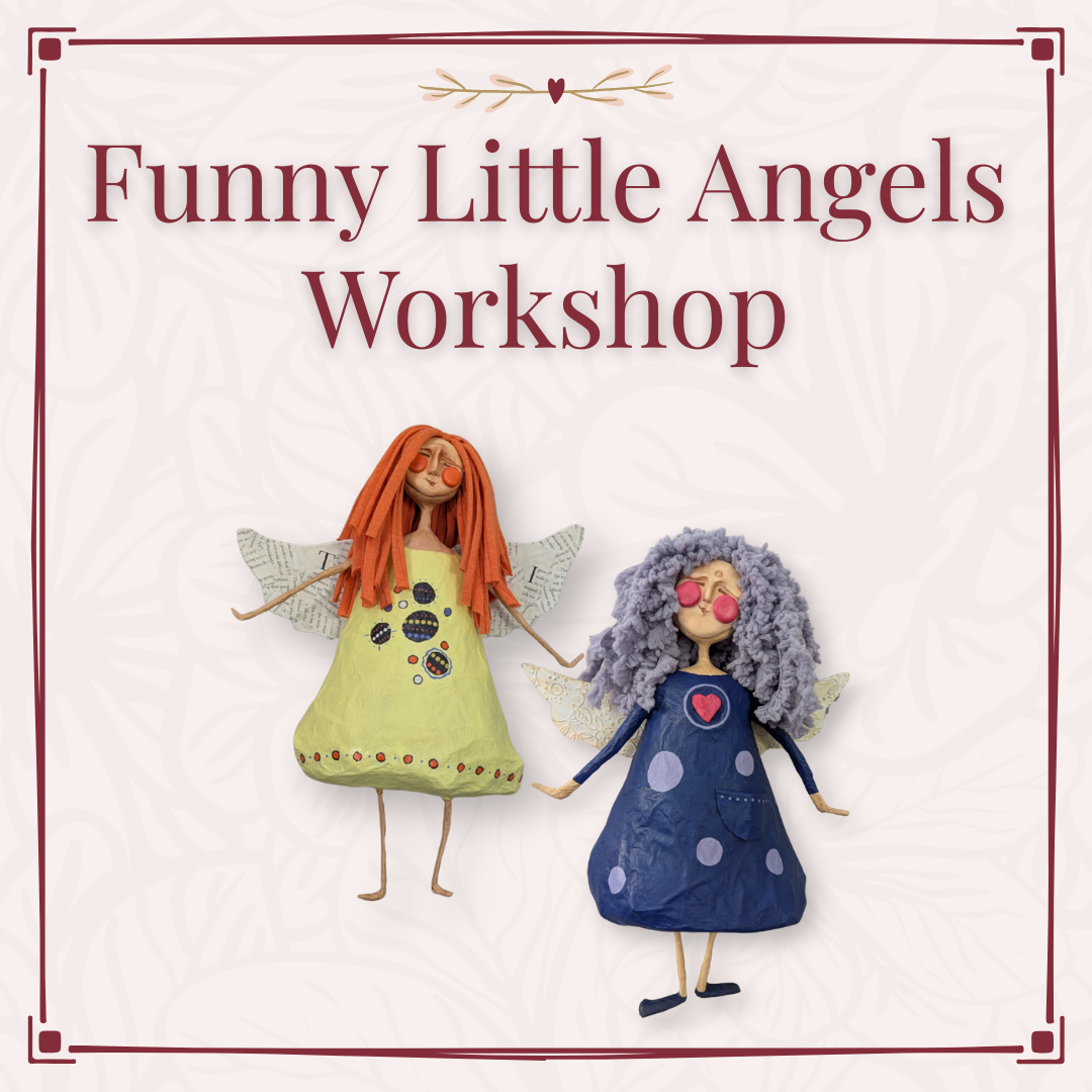 Two whimsical papier-mâché angels with colorful dresses, paper wings, and yarn hair in the Funny Little Angels Workshop graphic.