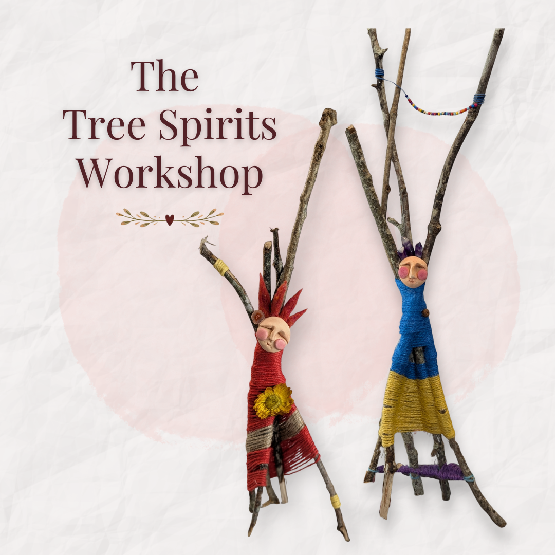 Two handmade Tree Spirits made from branches, wrapped fibers, clay faces, beads, and natural details beneath the words “The Tree Spirits Workshop.”