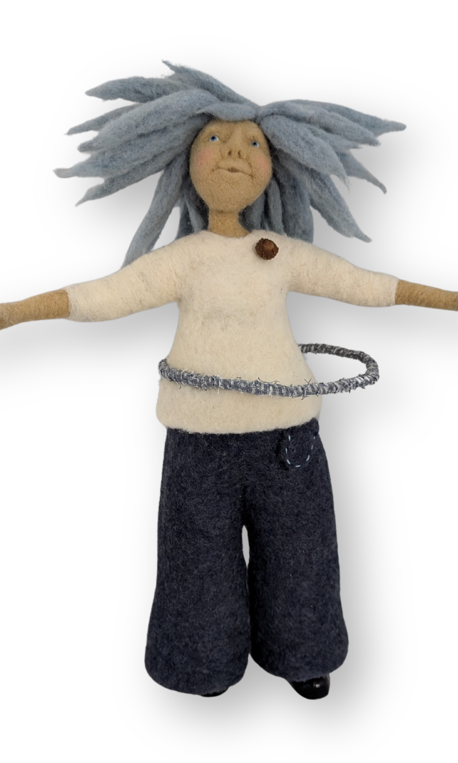 Hula Hoop Gal guardian doll — handmade needle-felted art doll with baby-blue hair and fabric hoop, celebrating spirited play by Stacy Vajta | Sacred Art & Story