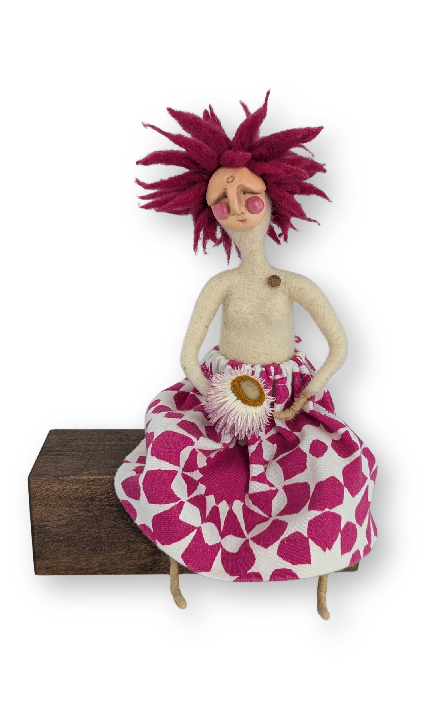 Flower Power guardian doll — handmade needle-felted wool and clay doll celebrating wild tenacity by Stacy Vajta | Sacred Art & Story