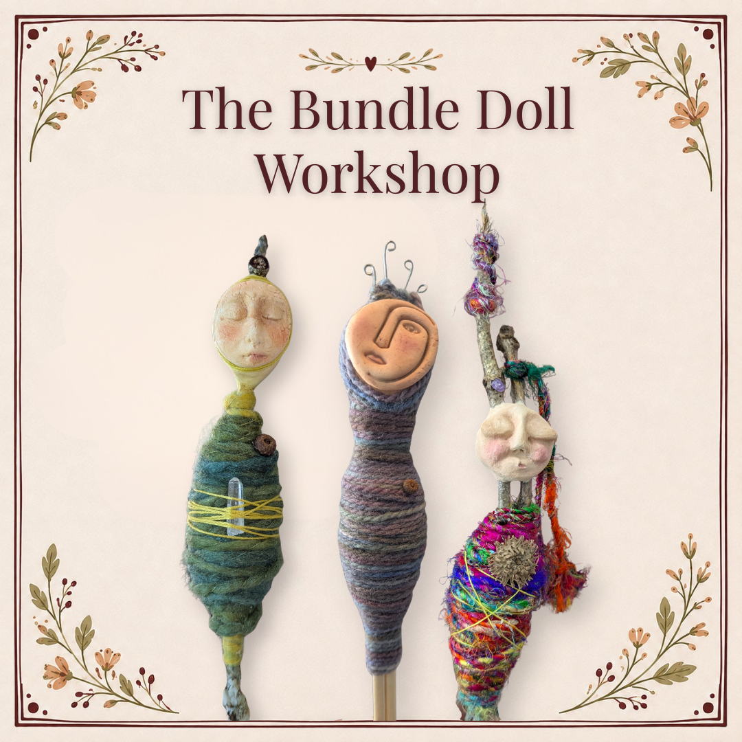 Three handmade Bundle Dolls wrapped in yarn with clay faces, shown beneath the title The Bundle Doll Workshop.