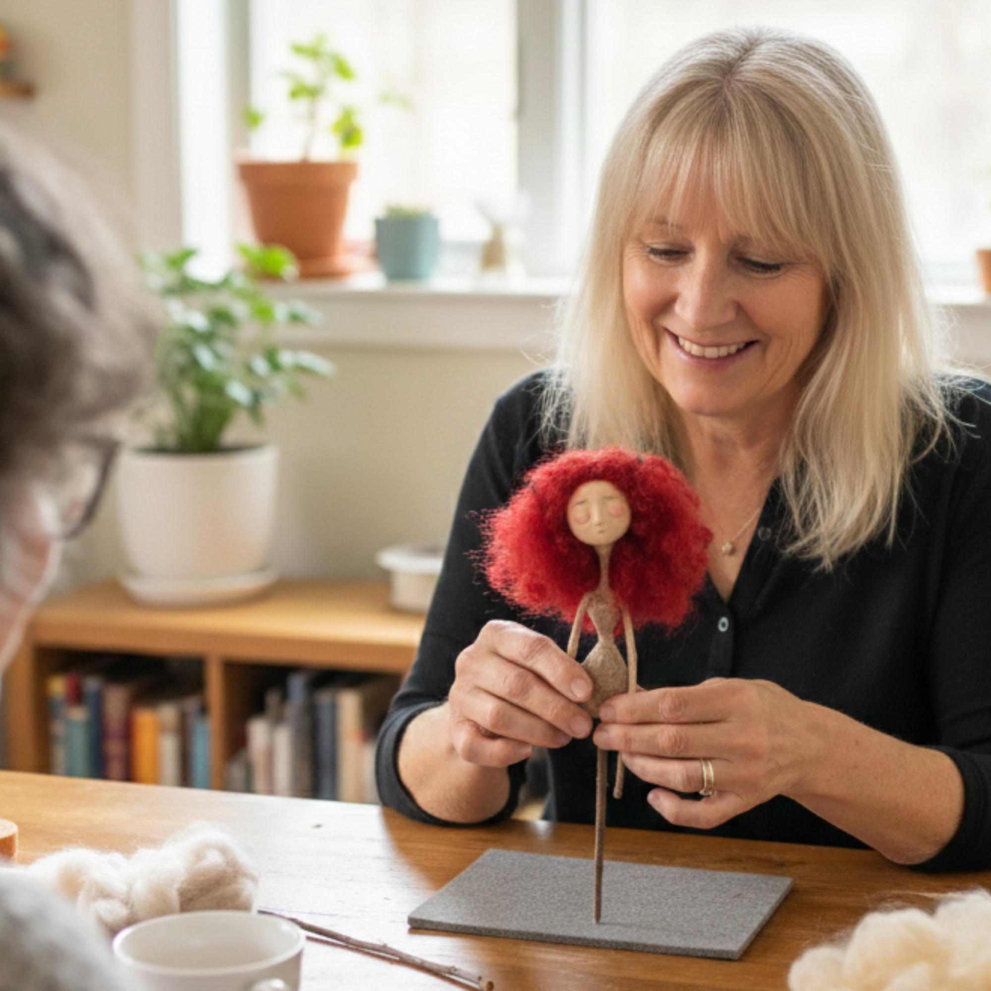 Two women shaping wool figures during a hands-on creative retreat, each holding a soft felted doll while sitting at a table.