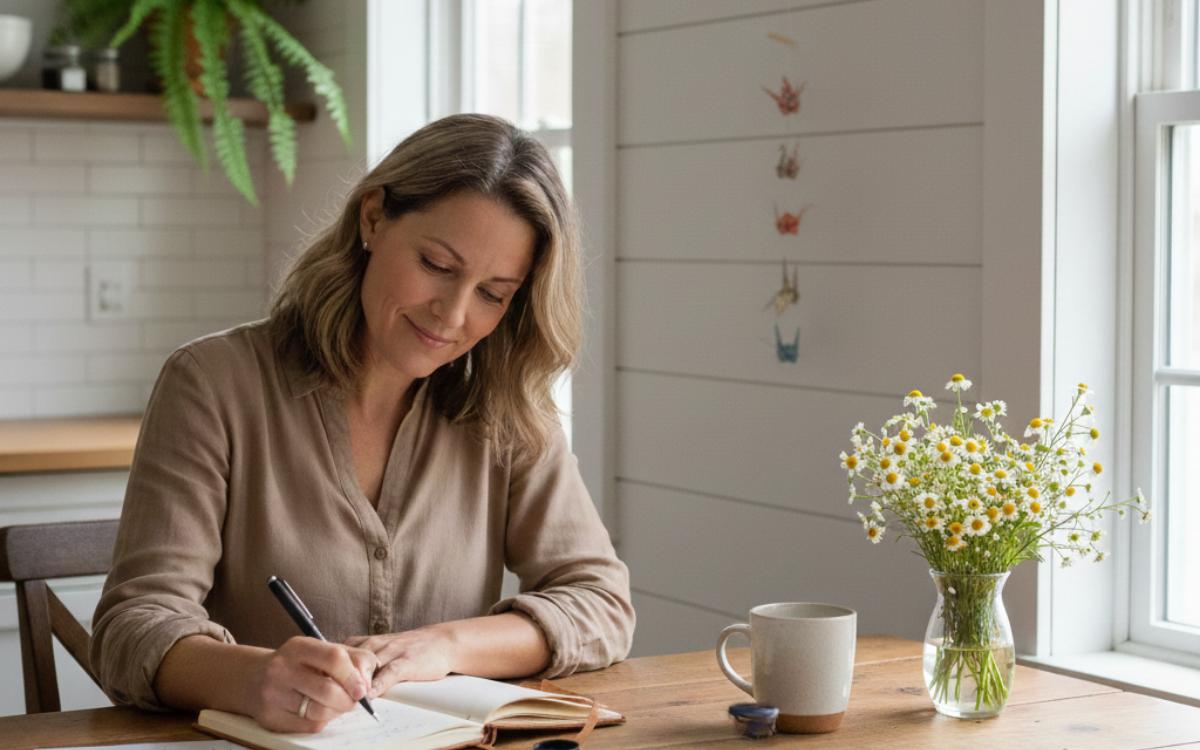 Woman journaling at a table with a notebook and flowers, reflecting on intentions in a quiet, self-guided creative practice.