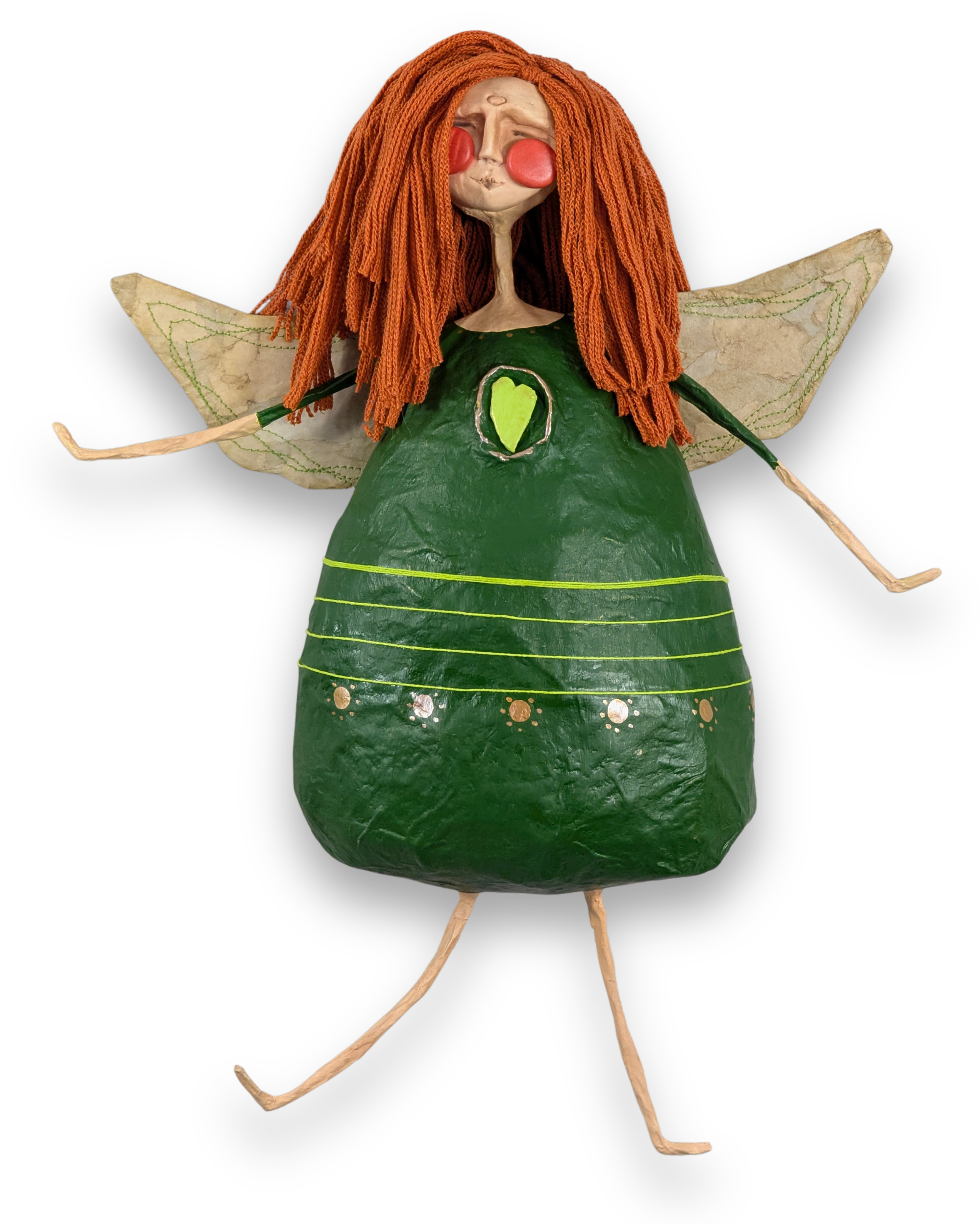 Bridie, a handmade papier-mâché angel with long orange hair, a forest-green dress with a heart detail and golden wings.