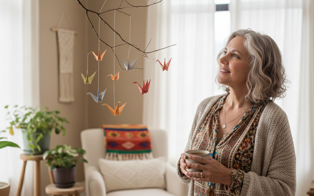 Woman standing in a cozy living space, holding a mug and reflecting on an origami crane intention mobile hanging from a branch.
