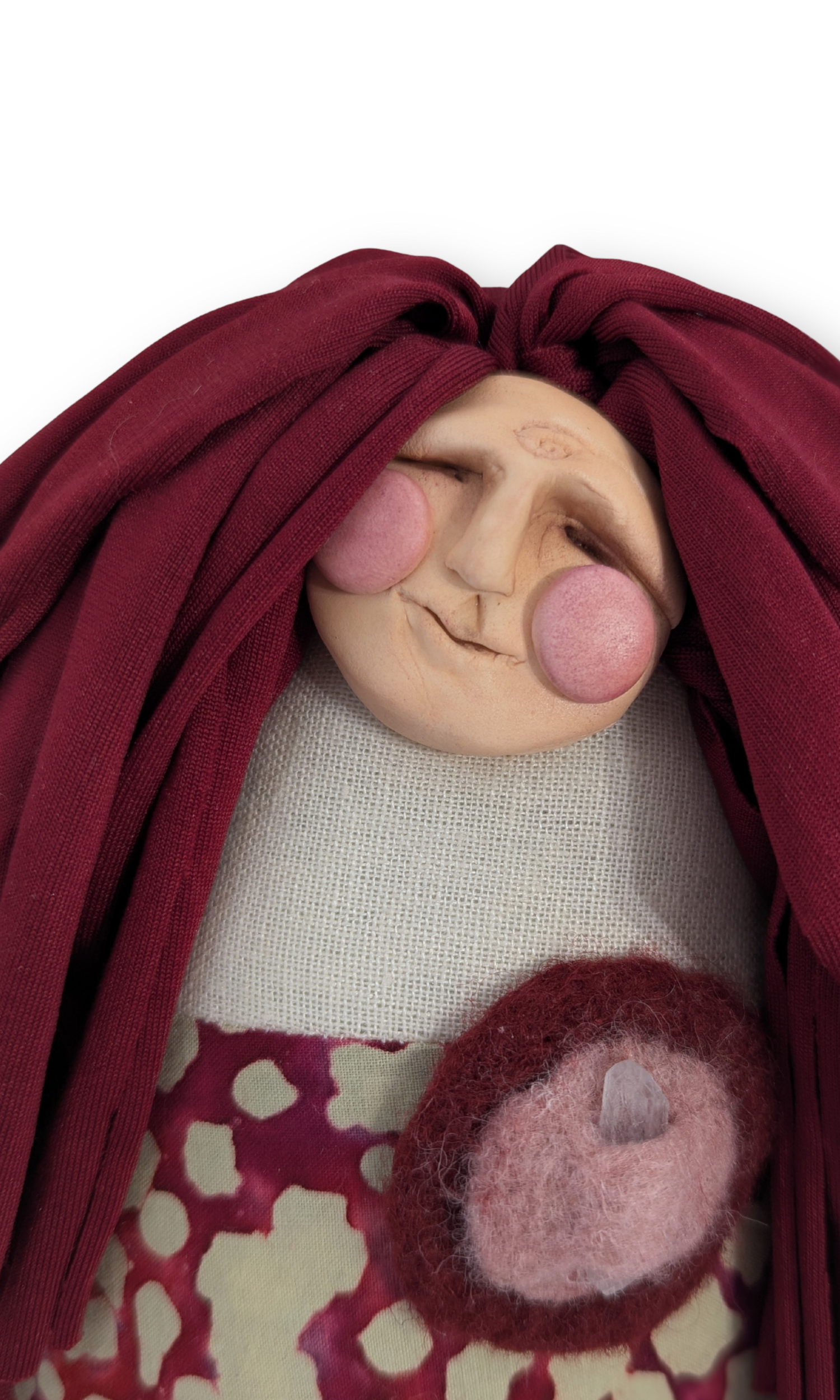 Peaceful Warrior guardian doll three-quarter view showing handmade details and felted textures