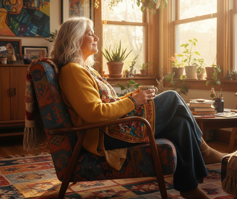 A peaceful, silver-haired woman sits in a cozy, sunlit room, eyes closed and holding a mug. Surrounded by plants, books, and colorful textiles, she appears grounded and intuitively present, embodying quiet reflection and inner listening.