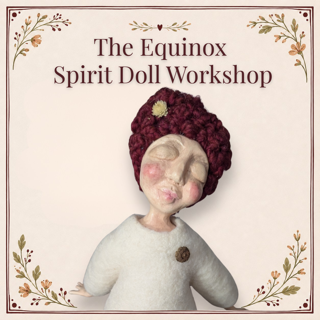 Handmade spirit doll with burgundy yarn hair for The Equinox Spirit Doll Workshop.