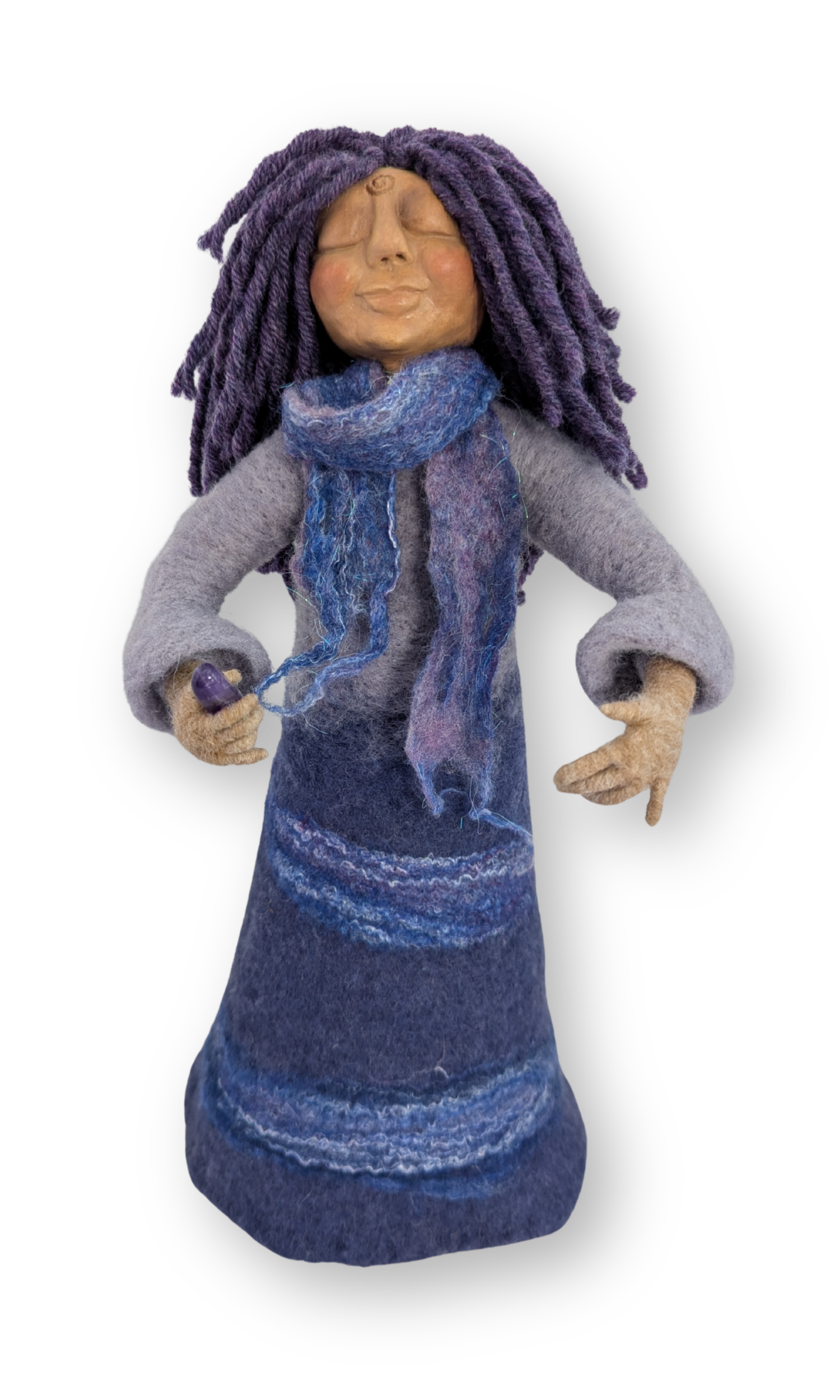 Front view of Priestess Guardian Doll — handmade needle felted art doll with purple yarn hair, scarf, and amethyst stone