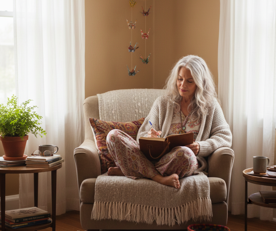Woman journaling in a cozy chair beneath an origami crane intention mobile, reflecting quietly as part of a creative ritual for the year ahead.