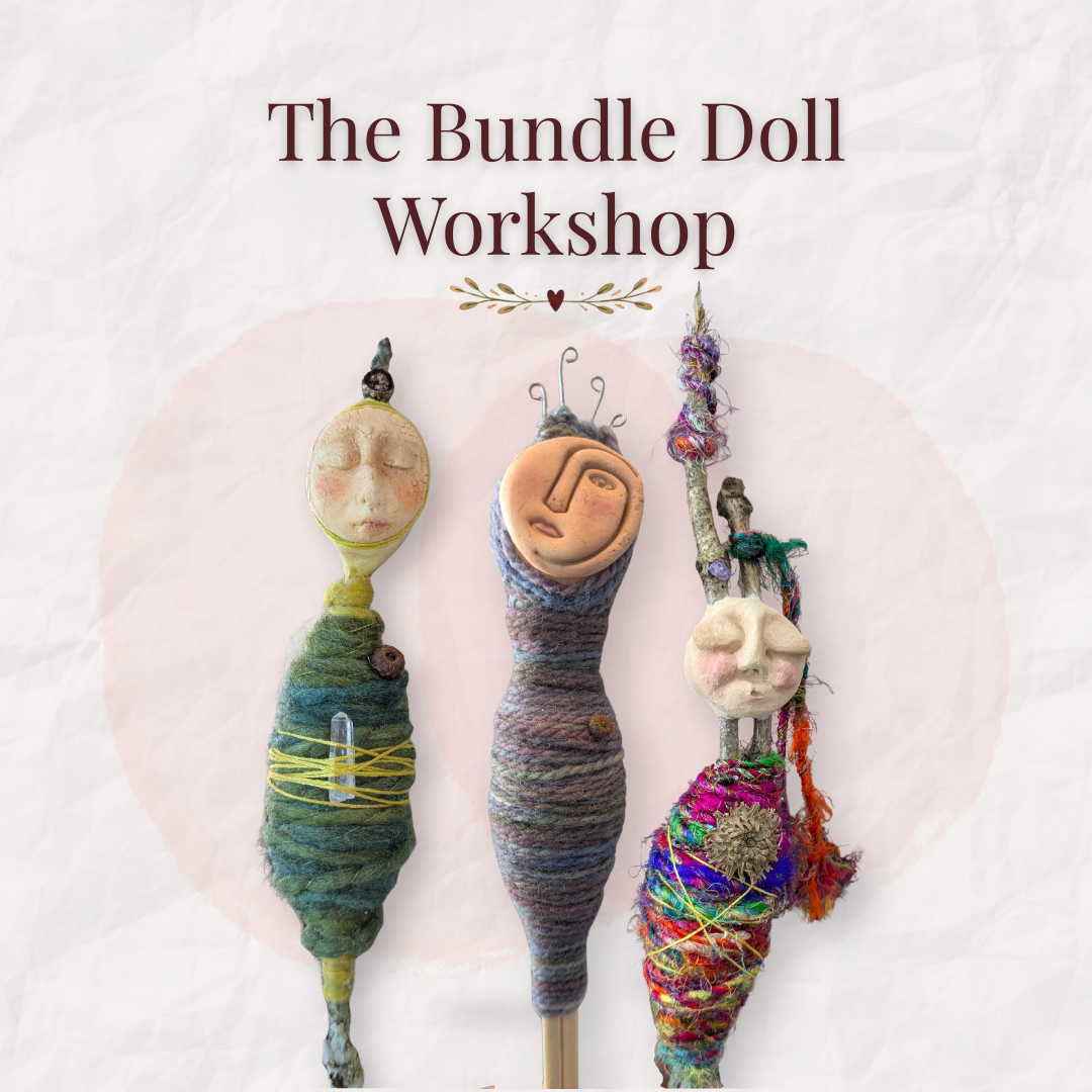 Three handmade bundle dolls wrapped in colorful fibers with clay faces and small natural embellishments beneath the words “The Bundle Doll Workshop.”