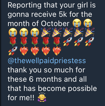 Client testimonial: receiving $5k for the month after 6 months working with The Well Paid Priestess
