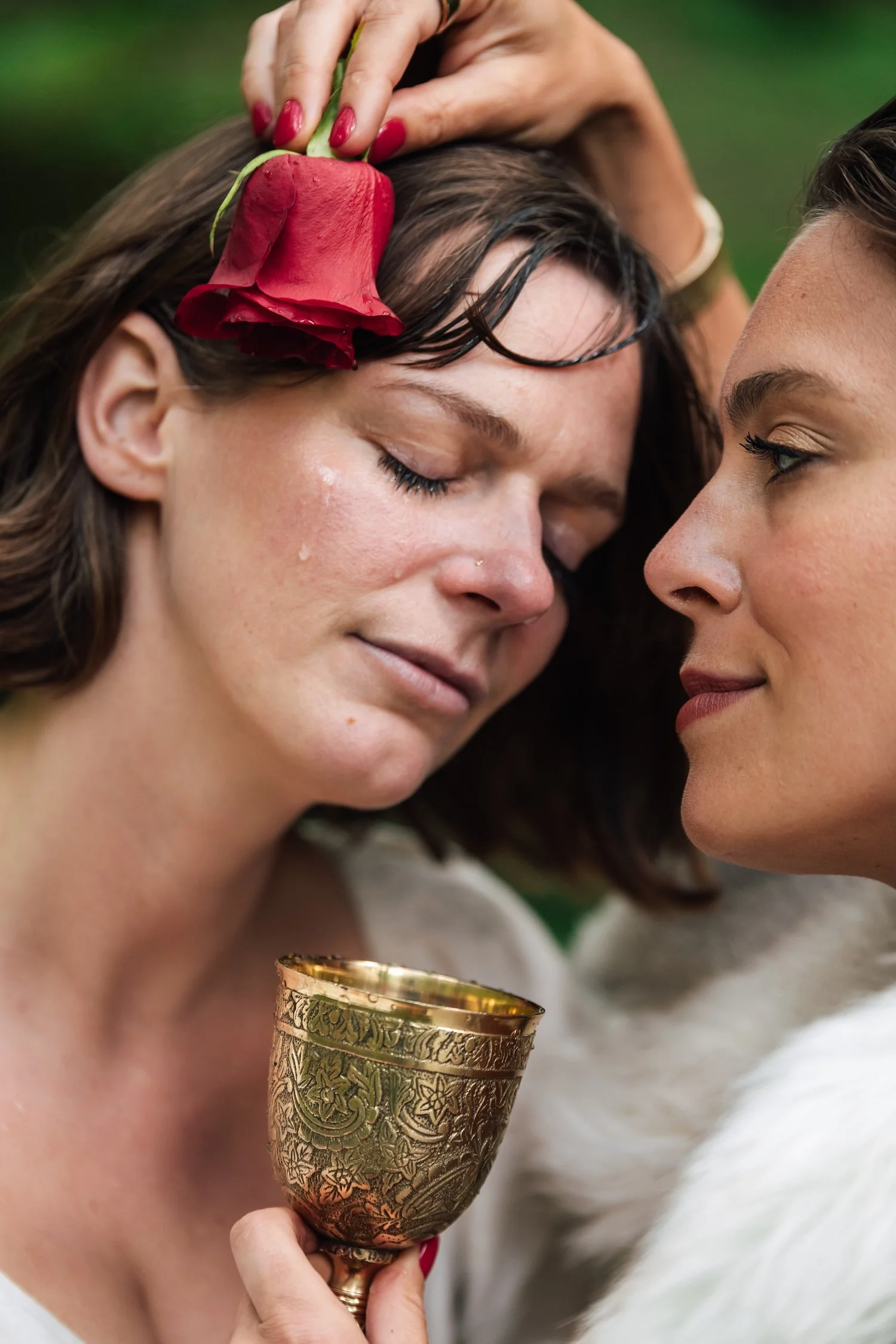 Two women face each other, one holding a gold chalice with intricate designs, and the other placing a red rose on the other's hair, suggesting a ceremonial or romantic moment.