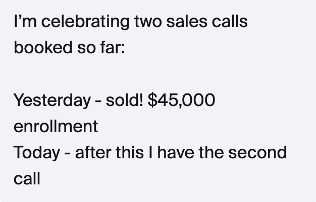 Client testimonial: celebrating a $45,000 enrollment sale with a second sales call booked