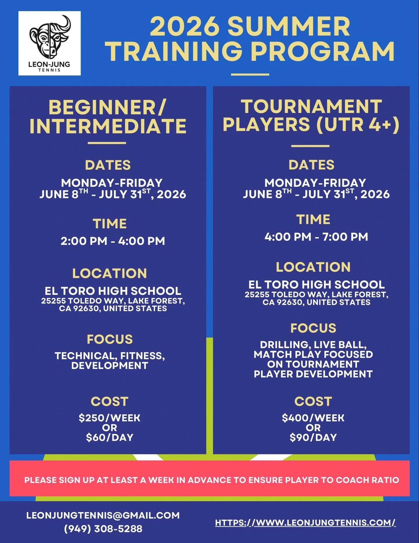 Join us for Summer Training ☀️🌴

This year, we are offering sessions for junior players of beginner/intermediate and advanced levels 💪

Sign up today by clicking the link in our bio 🔗

Spots are limited! 

#leonjungtennis #ustasocal #summertrainin