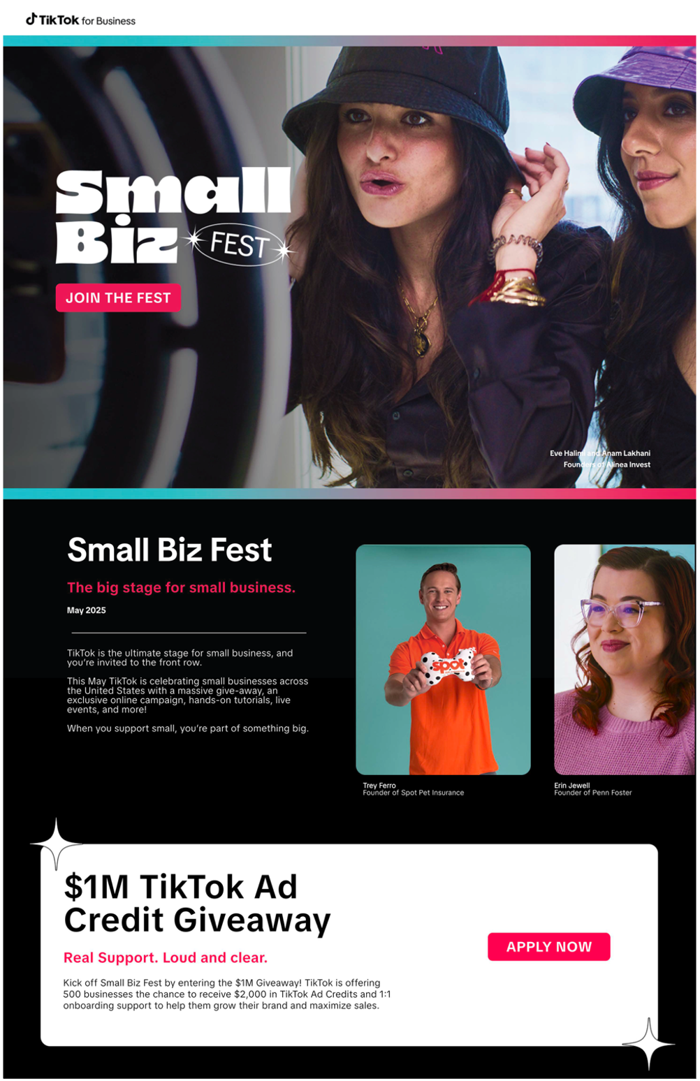 Poster advertising Small Biz Fest, a TikTok event for small businesses, featuring two women wearing hats, with an emphasis on a $1 million TikTok ad credit giveaway, and photos of the event founders.