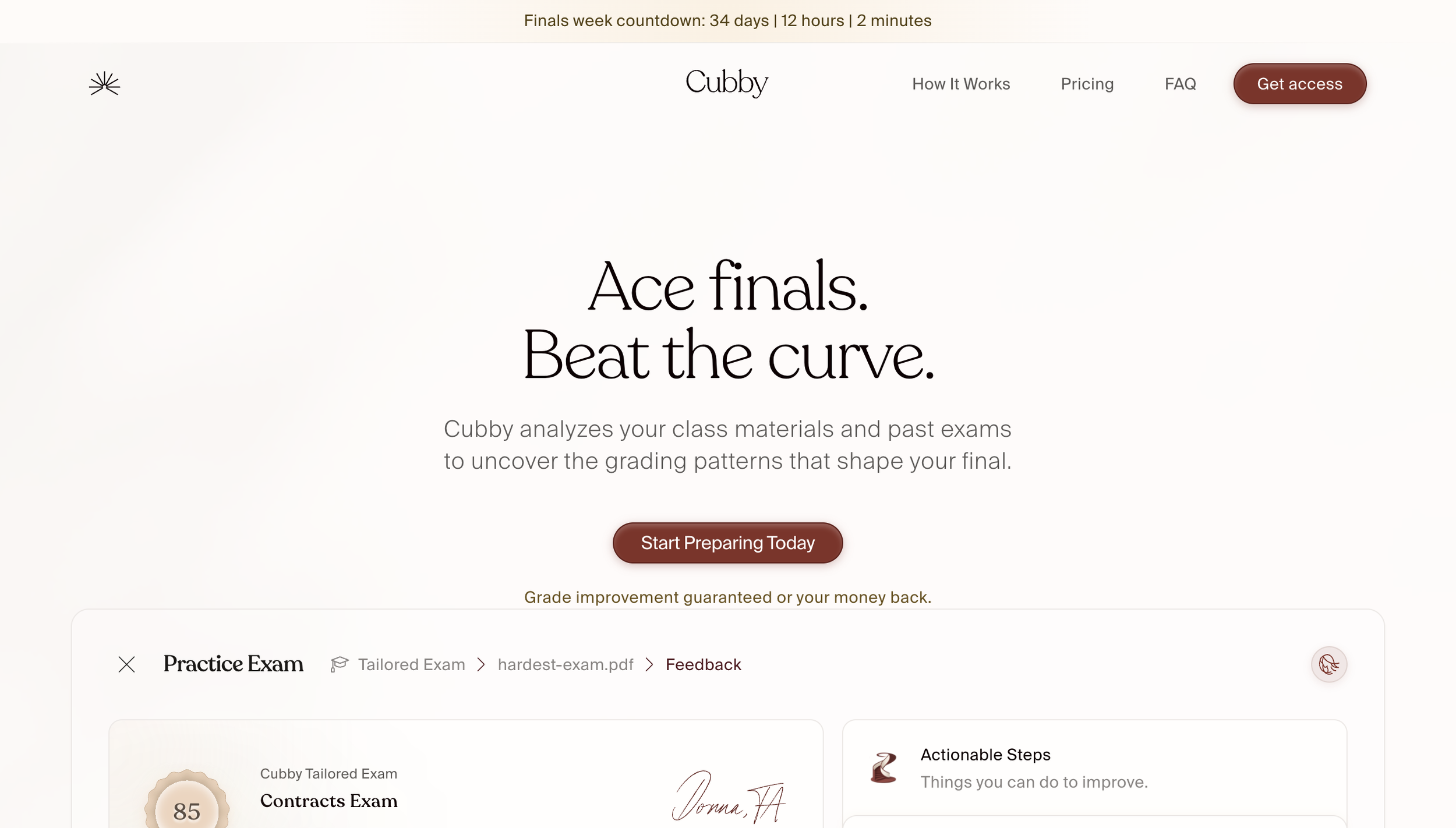 A webpage for Cubby, an online service for analyzing class materials and past exams for exam preparation. The page features a countdown timer for finals week, a navigation menu with options like How It Works, Pricing, and FAQ, and a prominent "Get access" button. There's a main heading that says "Ace finals. Beat the curve," with a subtext explaining the service. Additionally, a section shows a practice exam titled "Contracts Exam" with a score of 85, signature, and actionable steps for improvement.