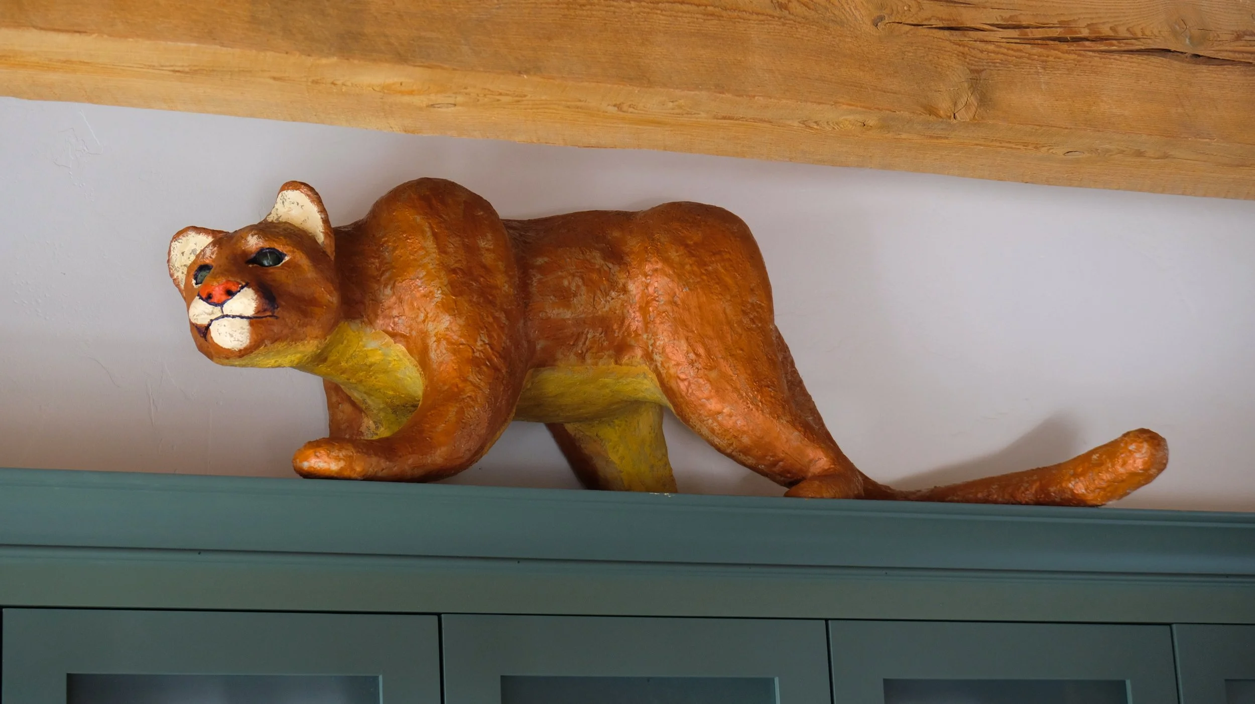 Loretta the Mountain Lion (2026) • Wax, Encaustic, Apoxie-Sculpt, Jade • 48” x 28” x 28” • A gift to my father, who feels a spiritual connection with mountain lions.