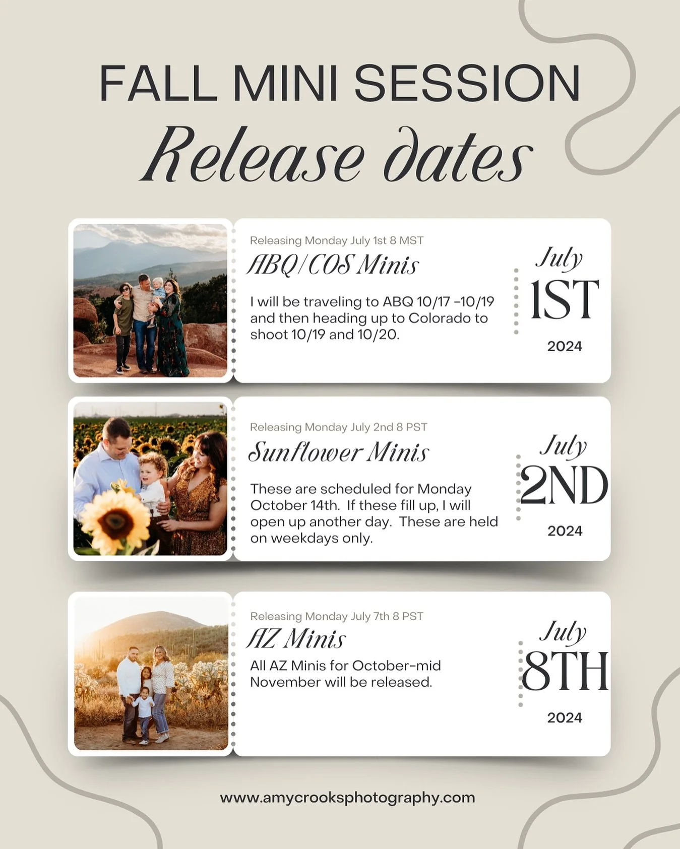 A N N O U N C E M E N T!!

Slight change in Mini release dates.  I still need to nail down some permits for Arizona so delaying all but Sunflowers by a week. 

T O N I G H T Albuquerque and Colorado Springs minis go live at 8pm MST.  There are 12 spo