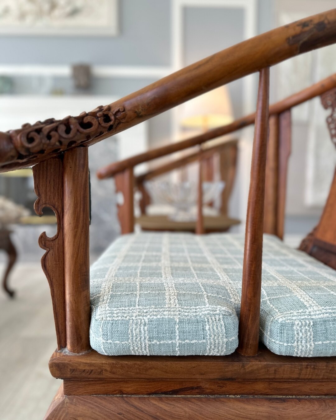 Ah, the details!  I love how the cushions turned out on these antique chairs.  The fabric softens the look and (and the seat) of these hand carved beauties!

#jcrenovators #homedecor #homeremodel #decorating #ocdesigner